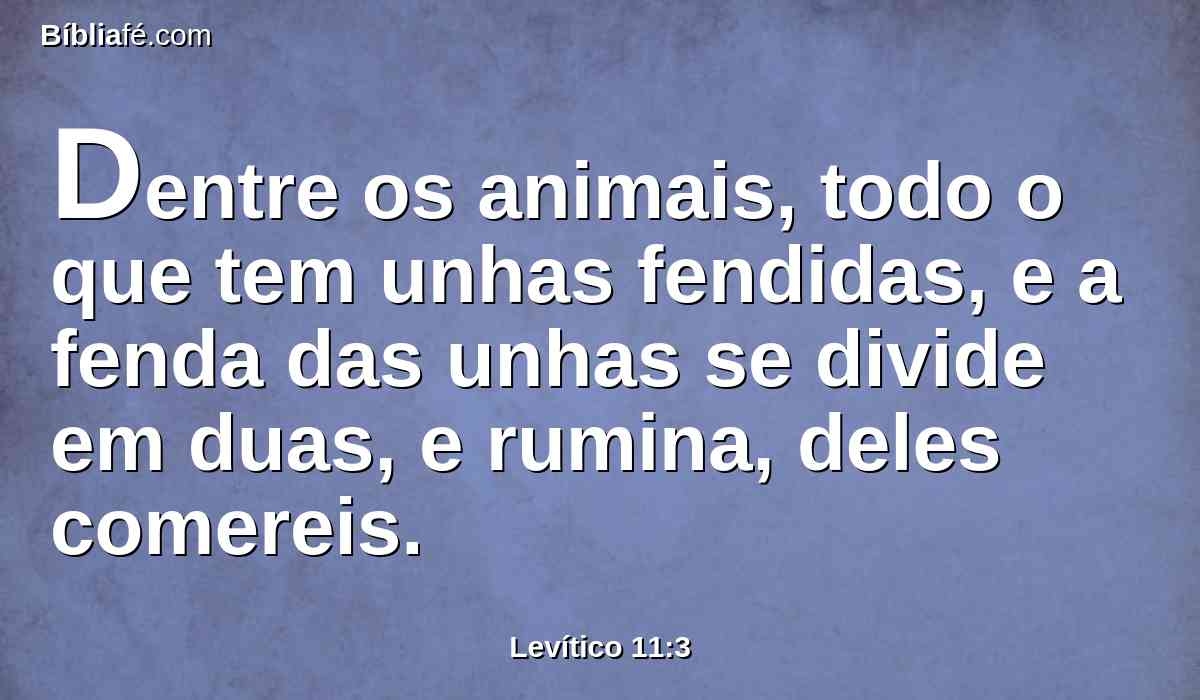 Dentre os animais, todo o que tem unhas fendidas, e a fenda das unhas se divide em duas, e rumina, deles comereis.