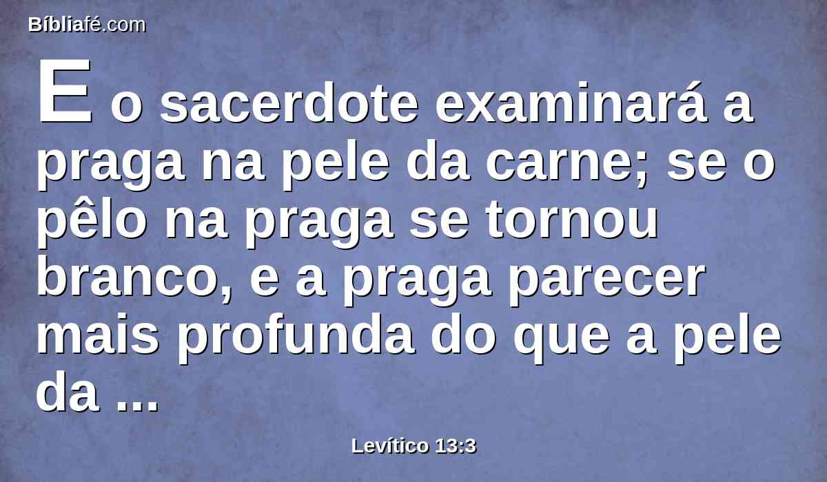 E o sacerdote examinará a praga na pele da carne; se o pêlo na praga se tornou branco, e a praga parecer mais profunda do que a pele da sua carne, é praga de lepra; o sacerdote o examinará, e o declarará por imundo.