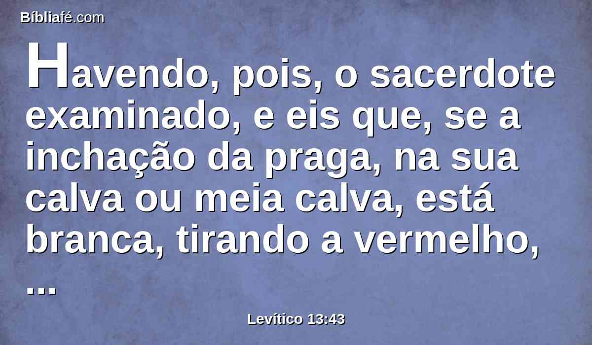 Havendo, pois, o sacerdote examinado, e eis que, se a inchação da praga, na sua calva ou meia calva, está branca, tirando a vermelho, como parece a lepra na pele da carne,