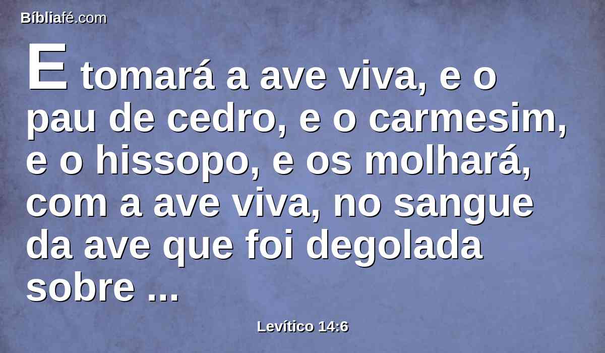 E tomará a ave viva, e o pau de cedro, e o carmesim, e o hissopo, e os molhará, com a ave viva, no sangue da ave que foi degolada sobre as águas correntes.