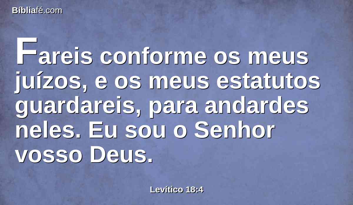 Fareis conforme os meus juízos, e os meus estatutos guardareis, para andardes neles. Eu sou o Senhor vosso Deus.