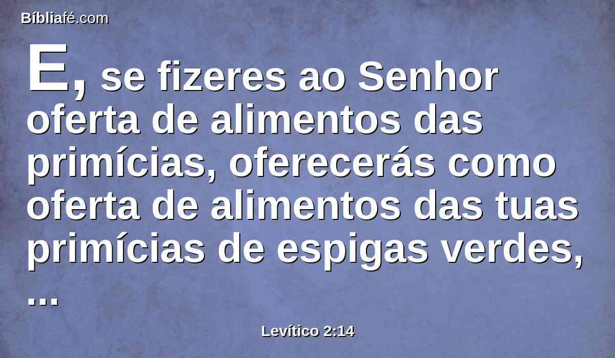 E, se fizeres ao Senhor oferta de alimentos das primícias, oferecerás como oferta de alimentos das tuas primícias de espigas verdes, tostadas ao fogo; isto é, do grão trilhado de espigas verdes cheias.