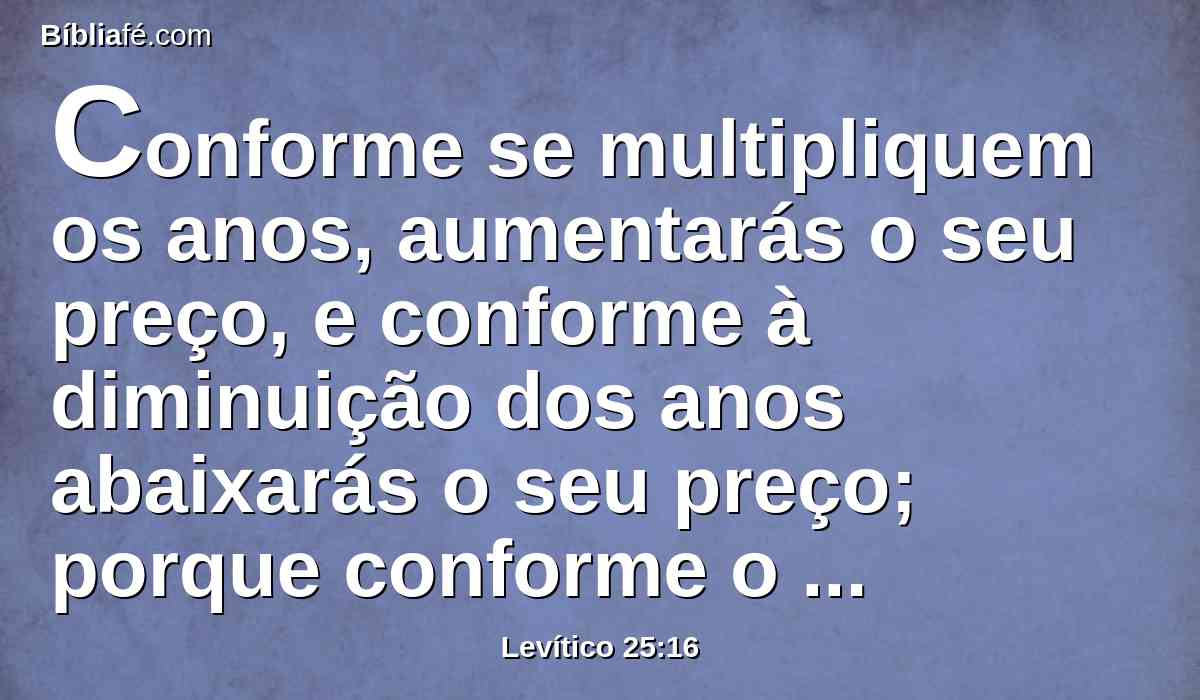 Conforme se multipliquem os anos, aumentarás o seu preço, e conforme à diminuição dos anos abaixarás o seu preço; porque conforme o número das colheitas é que ele te vende.