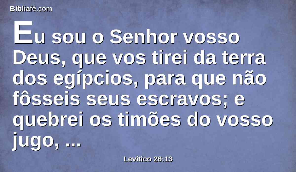 Eu sou o Senhor vosso Deus, que vos tirei da terra dos egípcios, para que não fôsseis seus escravos; e quebrei os timões do vosso jugo, e vos fiz andar eretos.