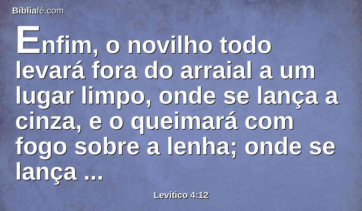 Enfim, o novilho todo levará fora do arraial a um lugar limpo, onde se lança a cinza, e o queimará com fogo sobre a lenha; onde se lança a cinza se queimará.