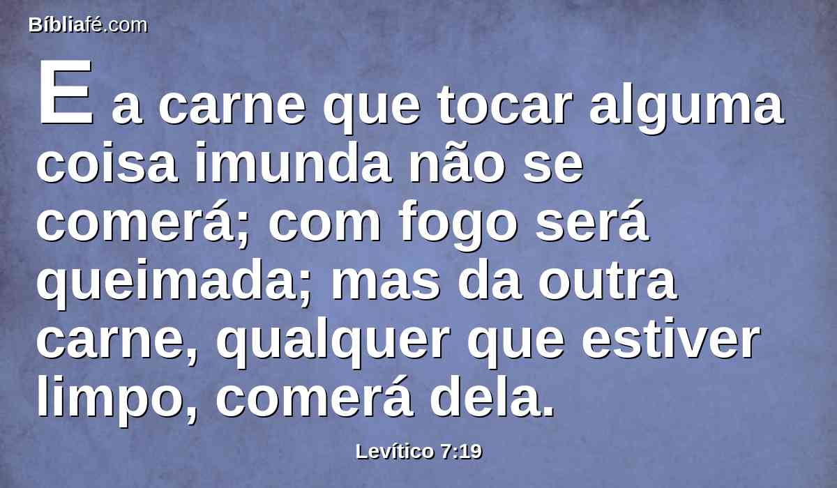 E a carne que tocar alguma coisa imunda não se comerá; com fogo será queimada; mas da outra carne, qualquer que estiver limpo, comerá dela.