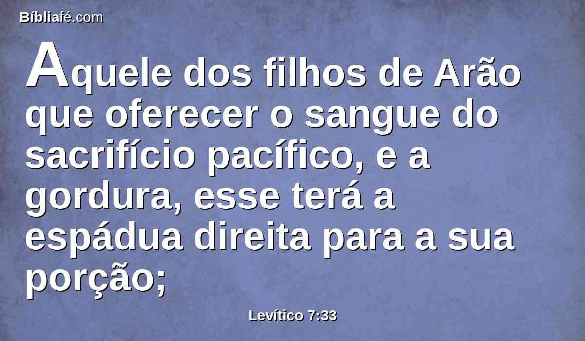 Aquele dos filhos de Arão que oferecer o sangue do sacrifício pacífico, e a gordura, esse terá a espádua direita para a sua porção;