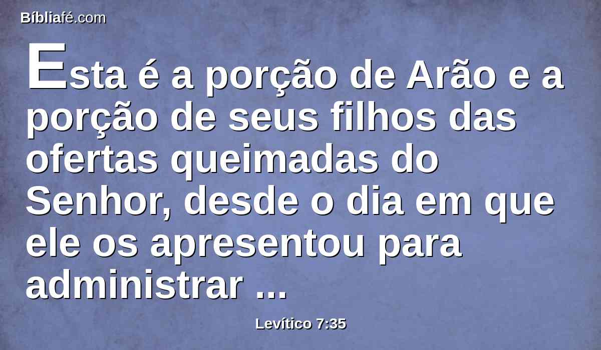 Esta é a porção de Arão e a porção de seus filhos das ofertas queimadas do Senhor, desde o dia em que ele os apresentou para administrar o sacerdócio ao Senhor.