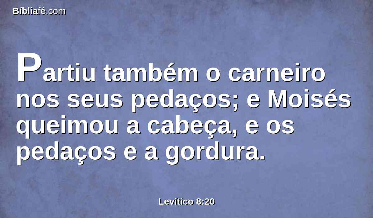 Partiu também o carneiro nos seus pedaços; e Moisés queimou a cabeça, e os pedaços e a gordura.