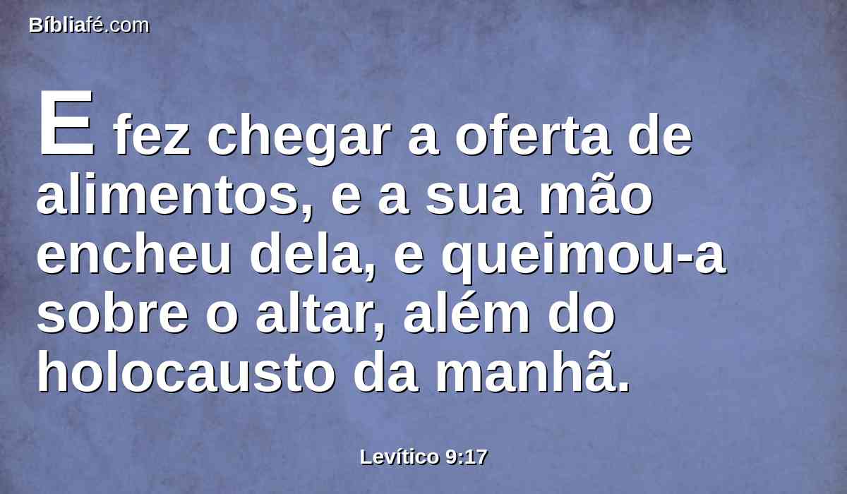 E fez chegar a oferta de alimentos, e a sua mão encheu dela, e queimou-a sobre o altar, além do holocausto da manhã.