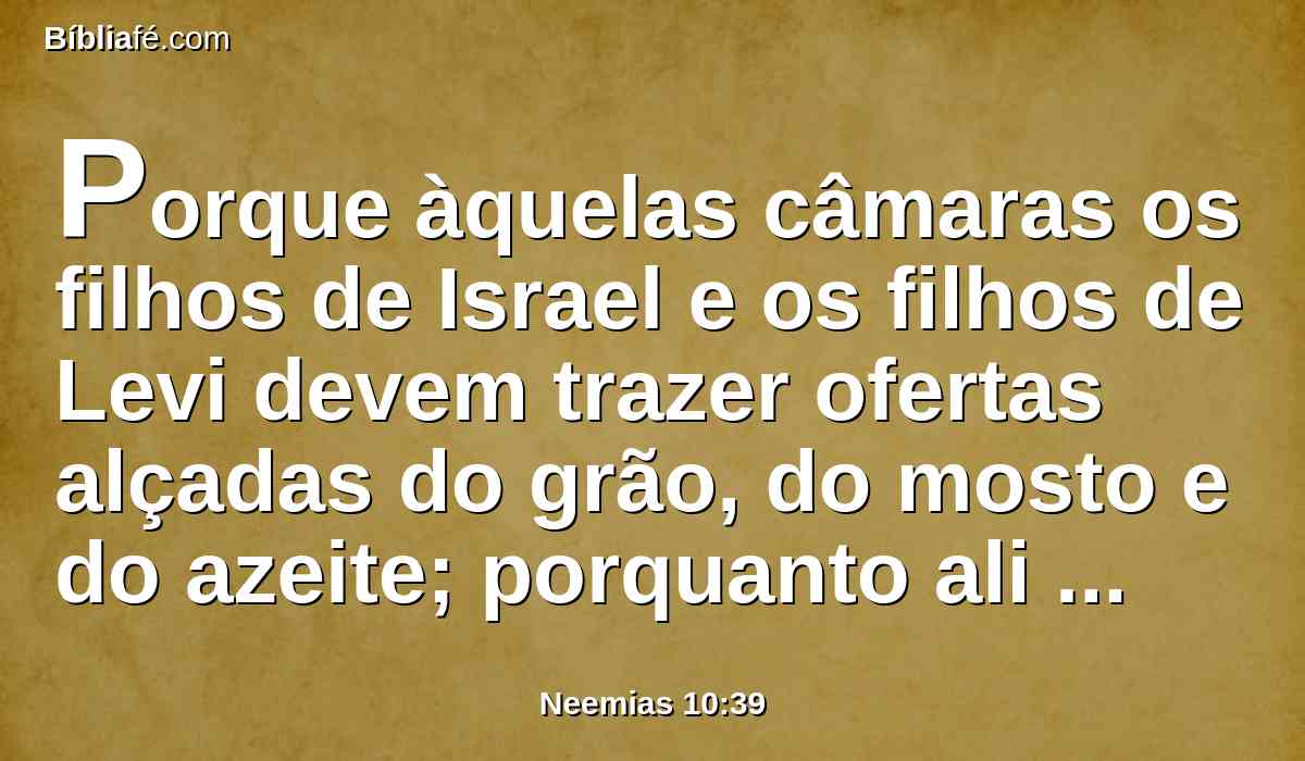 Porque àquelas câmaras os filhos de Israel e os filhos de Levi devem trazer ofertas alçadas do grão, do mosto e do azeite; porquanto ali estão os vasos do santuário, como também os sacerdotes que ministram, os porteiros e os cantores; e que assim não desampararíamos a casa do nosso Deus.