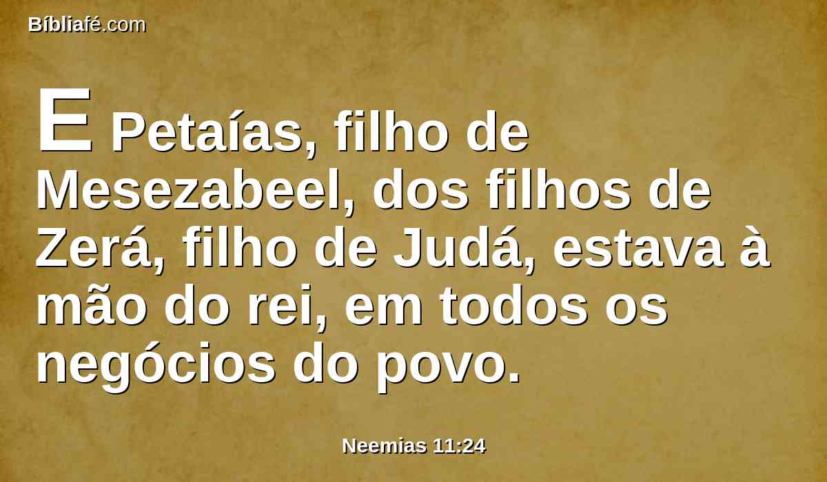 E Petaías, filho de Mesezabeel, dos filhos de Zerá, filho de Judá, estava à mão do rei, em todos os negócios do povo.