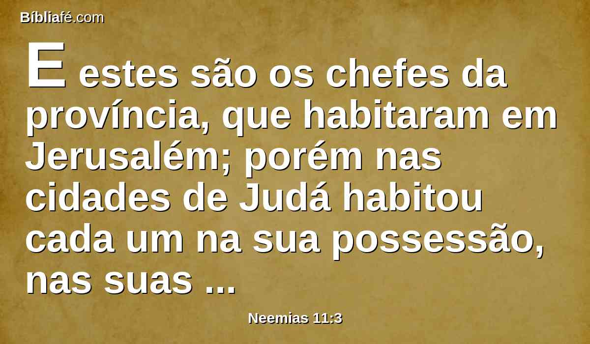 E estes são os chefes da província, que habitaram em Jerusalém; porém nas cidades de Judá habitou cada um na sua possessão, nas suas cidades, Israel, os sacerdotes, os levitas, os servidores do templo, e os filhos dos servos de Salomão.