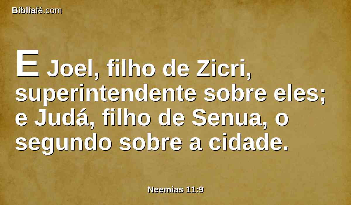 E Joel, filho de Zicri, superintendente sobre eles; e Judá, filho de Senua, o segundo sobre a cidade.