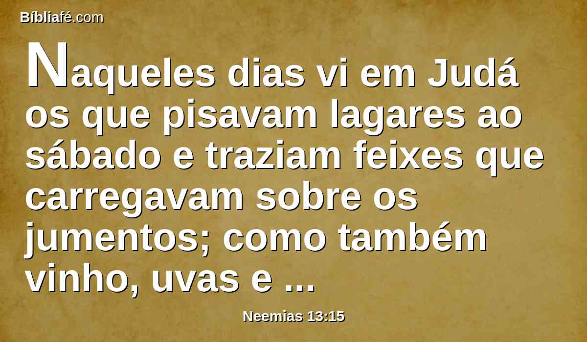 Naqueles dias vi em Judá os que pisavam lagares ao sábado e traziam feixes que carregavam sobre os jumentos; como também vinho, uvas e figos, e toda a espécie de cargas, que traziam a Jerusalém no dia de sábado; e protestei contra eles no dia em que vendiam mantimentos.