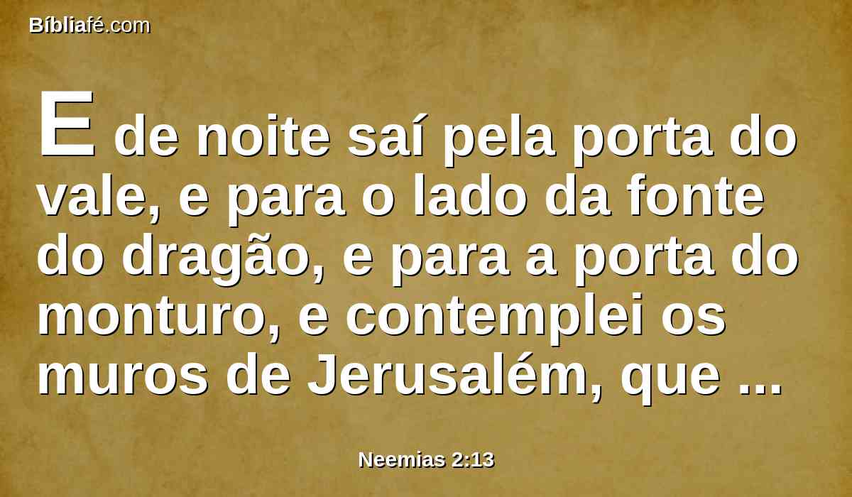 E de noite saí pela porta do vale, e para o lado da fonte do dragão, e para a porta do monturo, e contemplei os muros de Jerusalém, que estavam fendidos, e as suas portas, que tinham sido consumidas pelo fogo.