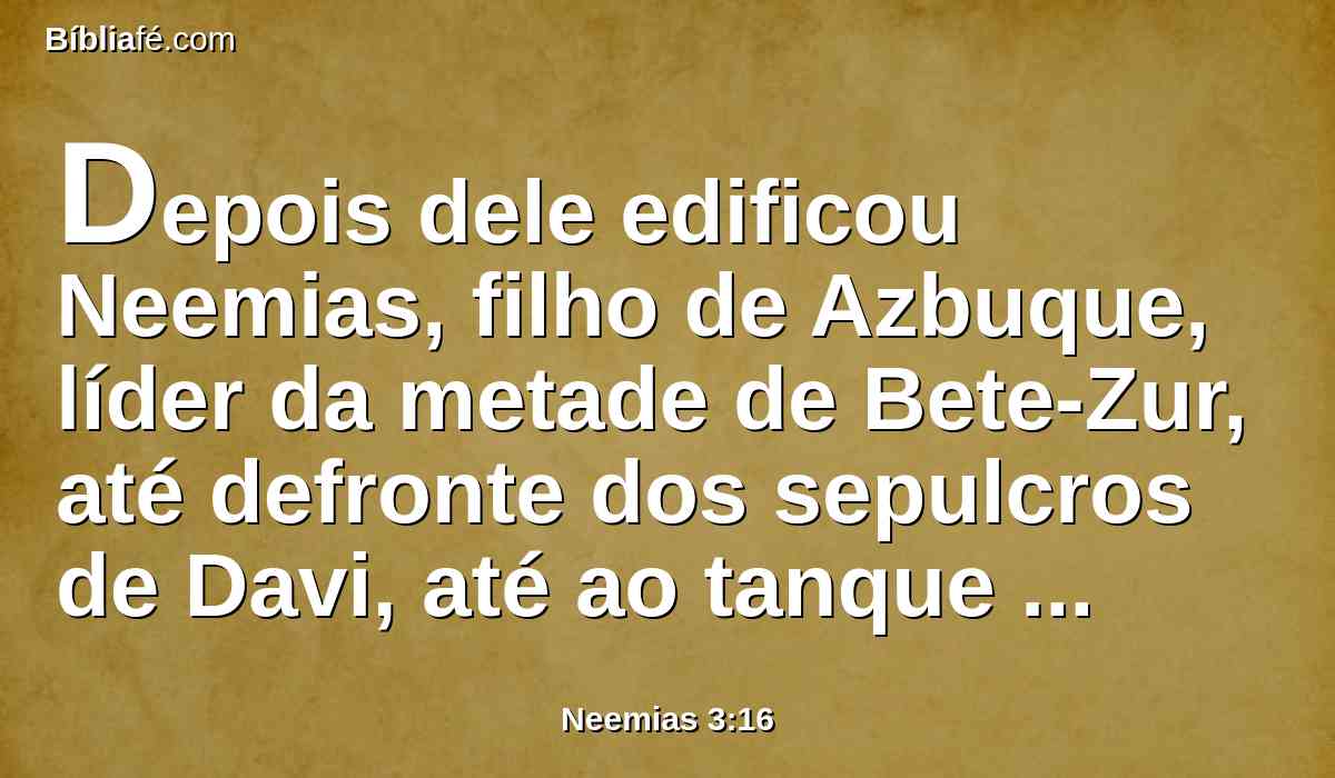 Depois dele edificou Neemias, filho de Azbuque, líder da metade de Bete-Zur, até defronte dos sepulcros de Davi, até ao tanque artificial e até à casa dos valentes.