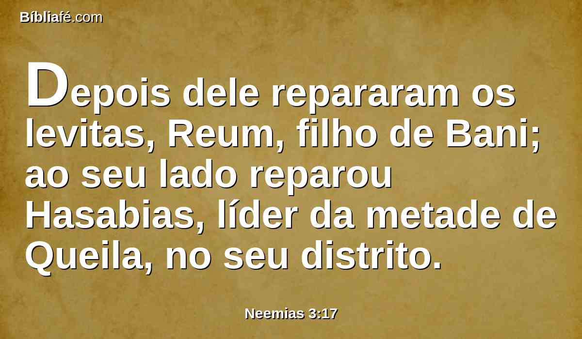 Depois dele repararam os levitas, Reum, filho de Bani; ao seu lado reparou Hasabias, líder da metade de Queila, no seu distrito.