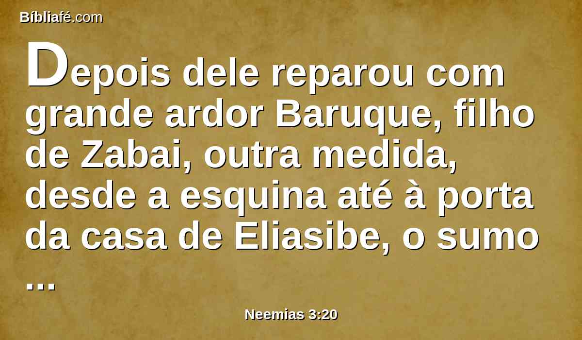 Depois dele reparou com grande ardor Baruque, filho de Zabai, outra medida, desde a esquina até à porta da casa de Eliasibe, o sumo sacerdote.