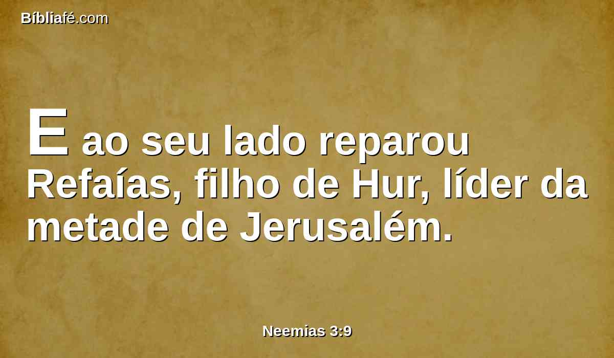 E ao seu lado reparou Refaías, filho de Hur, líder da metade de Jerusalém.