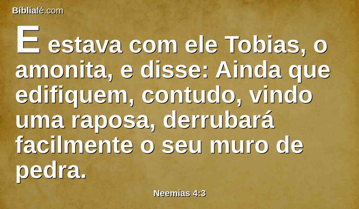 E estava com ele Tobias, o amonita, e disse: Ainda que edifiquem, contudo, vindo uma raposa, derrubará facilmente o seu muro de pedra.