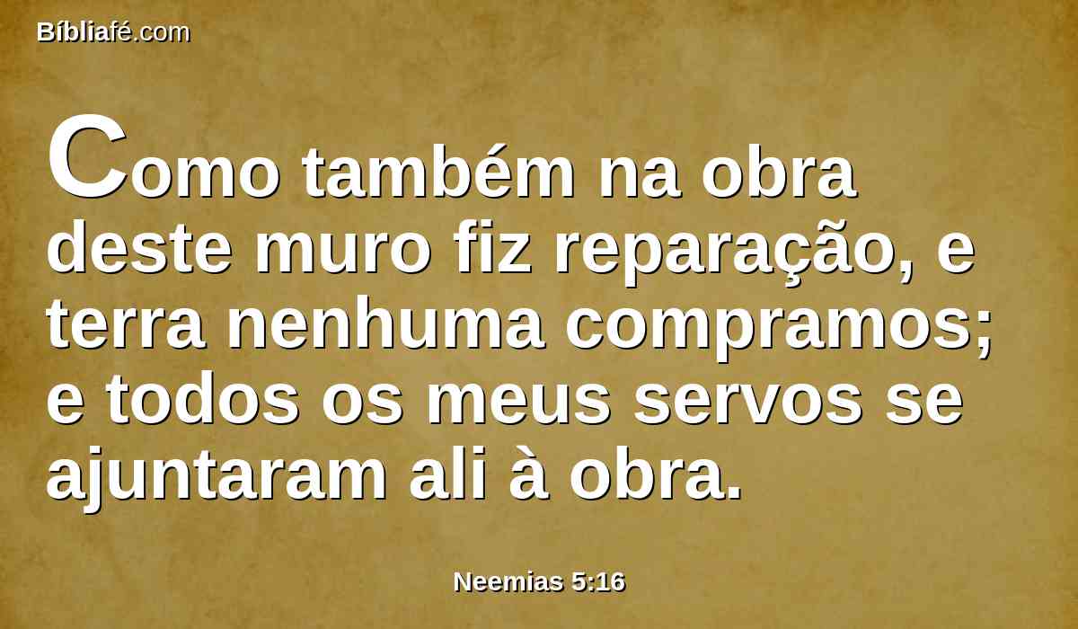 Como também na obra deste muro fiz reparação, e terra nenhuma compramos; e todos os meus servos se ajuntaram ali à obra.