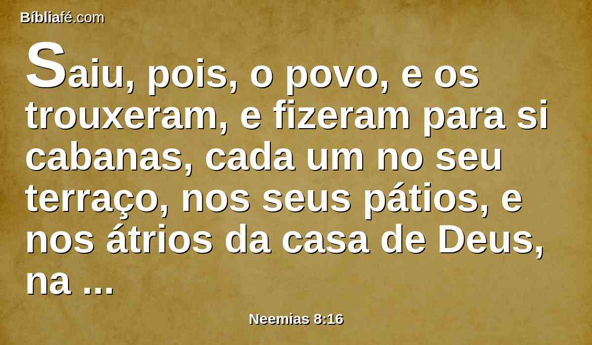 Saiu, pois, o povo, e os trouxeram, e fizeram para si cabanas, cada um no seu terraço, nos seus pátios, e nos átrios da casa de Deus, na praça da porta das águas, e na praça da porta de Efraim.