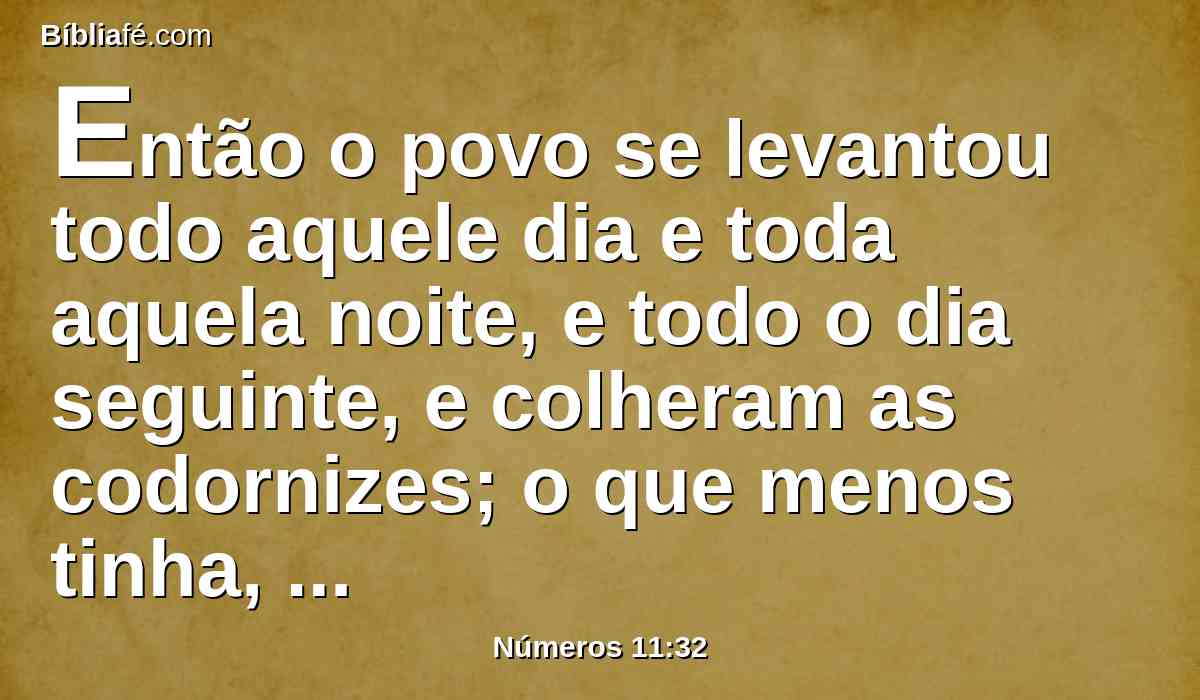 Então o povo se levantou todo aquele dia e toda aquela noite, e todo o dia seguinte, e colheram as codornizes; o que menos tinha, colhera dez ômeres; e as estenderam para si ao redor do arraial.