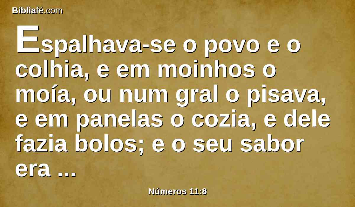 Espalhava-se o povo e o colhia, e em moinhos o moía, ou num gral o pisava, e em panelas o cozia, e dele fazia bolos; e o seu sabor era como o sabor de azeite fresco.