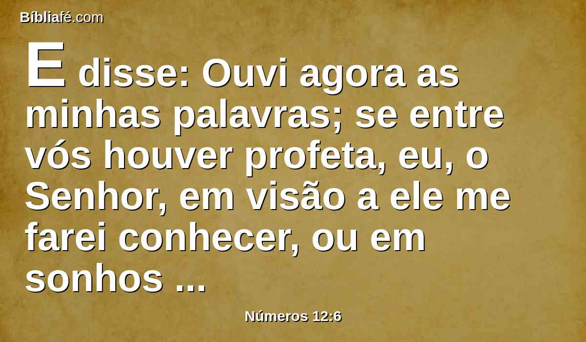 E disse: Ouvi agora as minhas palavras; se entre vós houver profeta, eu, o Senhor, em visão a ele me farei conhecer, ou em sonhos falarei com ele.