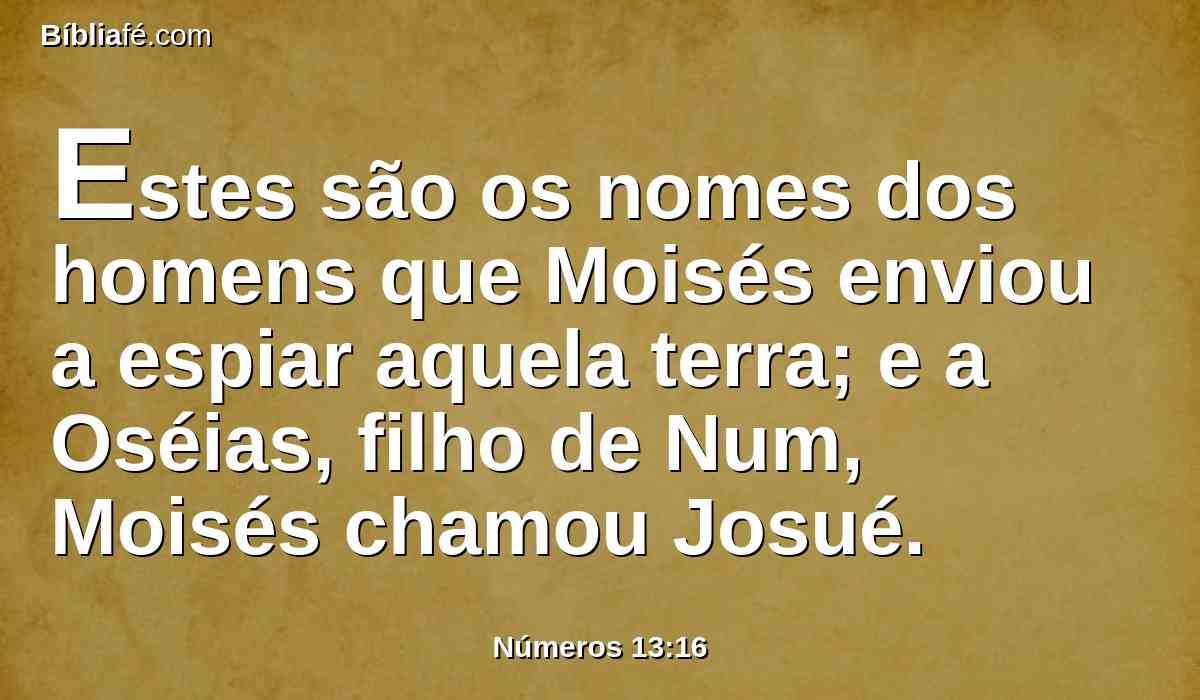 Estes são os nomes dos homens que Moisés enviou a espiar aquela terra; e a Oséias, filho de Num, Moisés chamou Josué.