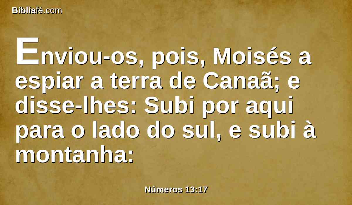 Enviou-os, pois, Moisés a espiar a terra de Canaã; e disse-lhes: Subi por aqui para o lado do sul, e subi à montanha: