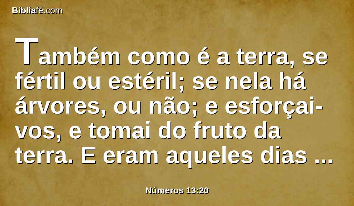 Também como é a terra, se fértil ou estéril; se nela há árvores, ou não; e esforçai-vos, e tomai do fruto da terra. E eram aqueles dias os dias das primícias das uvas.