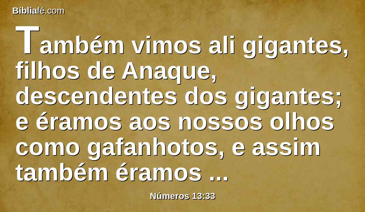 Também vimos ali gigantes, filhos de Anaque, descendentes dos gigantes; e éramos aos nossos olhos como gafanhotos, e assim também éramos aos seus olhos.