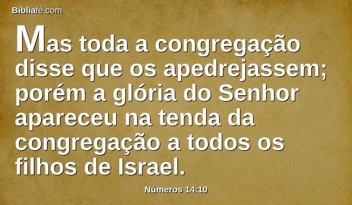 Mas toda a congregação disse que os apedrejassem; porém a glória do Senhor apareceu na tenda da congregação a todos os filhos de Israel.