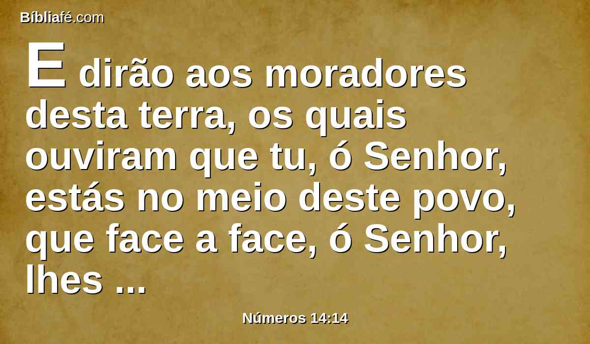 E dirão aos moradores desta terra, os quais ouviram que tu, ó Senhor, estás no meio deste povo, que face a face, ó Senhor, lhes apareces, que tua nuvem está sobre ele e que vais adiante dele numa coluna de nuvem de dia, e numa coluna de fogo de noite.