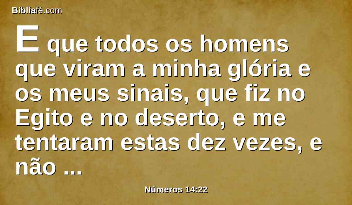 E que todos os homens que viram a minha glória e os meus sinais, que fiz no Egito e no deserto, e me tentaram estas dez vezes, e não obedeceram à minha voz,