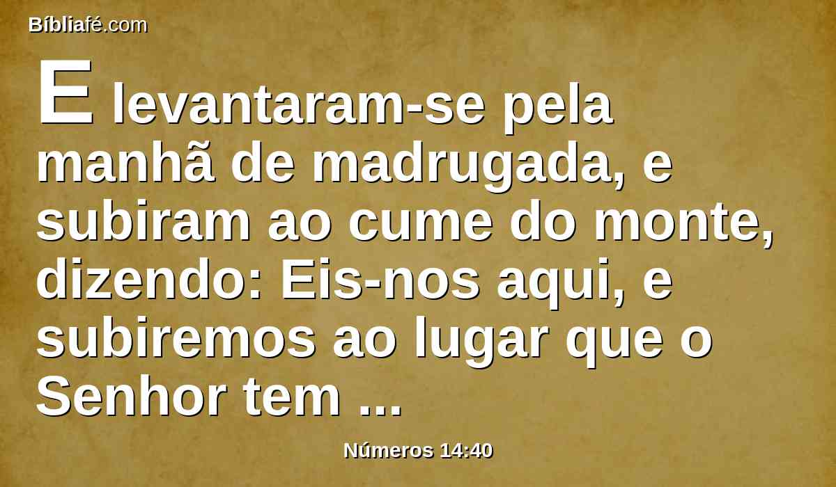 E levantaram-se pela manhã de madrugada, e subiram ao cume do monte, dizendo: Eis-nos aqui, e subiremos ao lugar que o Senhor tem falado; porquanto havemos pecado.