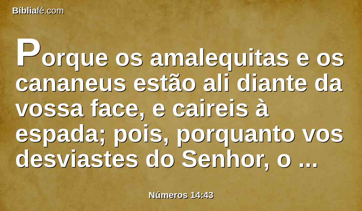 Porque os amalequitas e os cananeus estão ali diante da vossa face, e caireis à espada; pois, porquanto vos desviastes do Senhor, o Senhor não estará convosco.