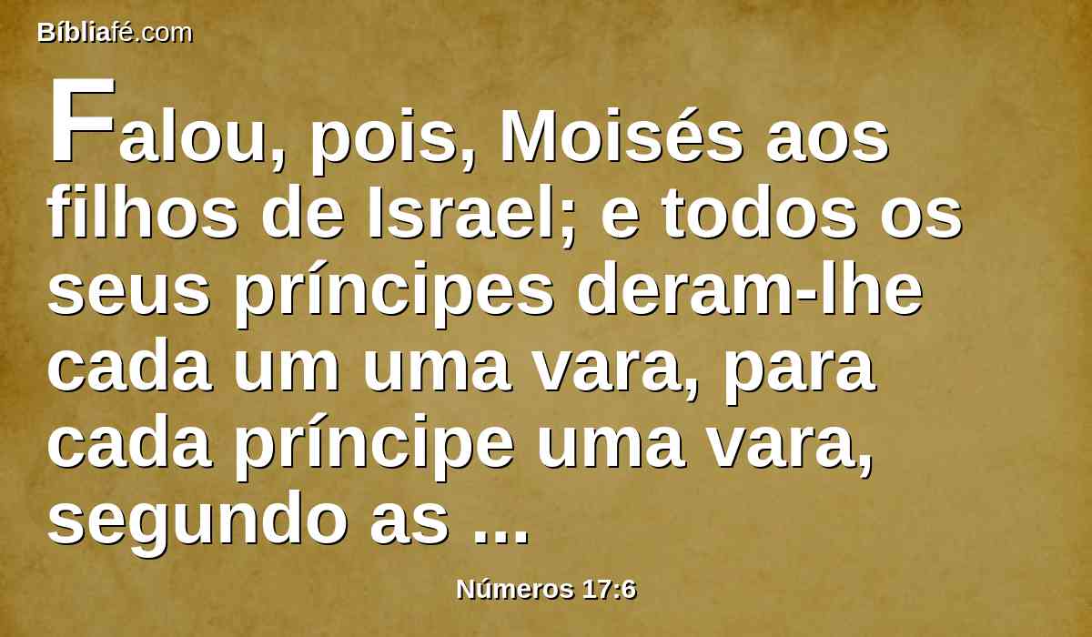 Falou, pois, Moisés aos filhos de Israel; e todos os seus príncipes deram-lhe cada um uma vara, para cada príncipe uma vara, segundo as casas de seus pais, doze varas; e a vara de Arão estava entre as deles.