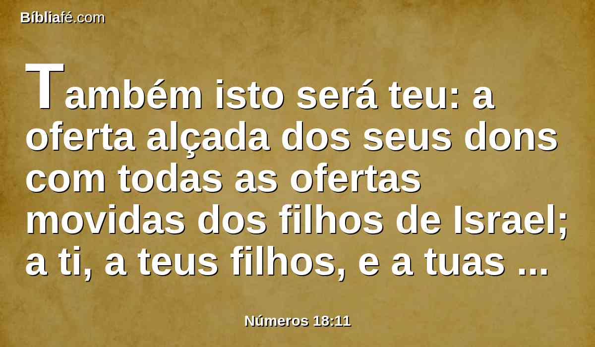 Também isto será teu: a oferta alçada dos seus dons com todas as ofertas movidas dos filhos de Israel; a ti, a teus filhos, e a tuas filhas contigo, as tenho dado por estatuto perpétuo; todo o que estiver limpo na tua casa, delas comerá.