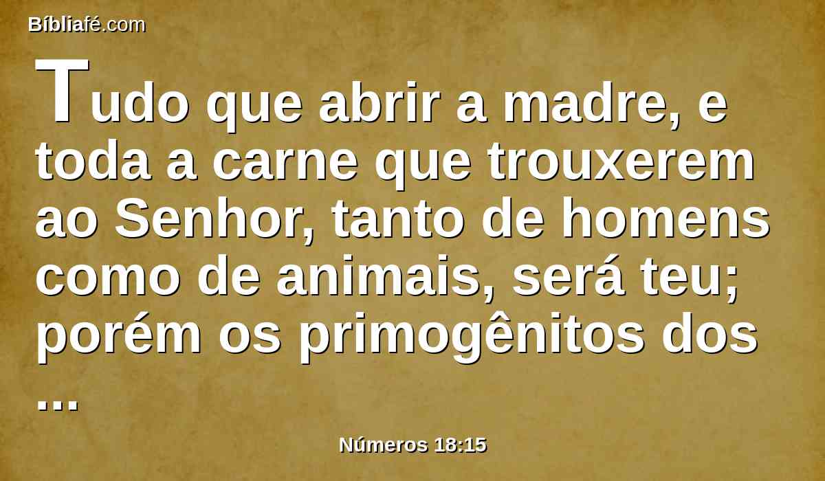 Tudo que abrir a madre, e toda a carne que trouxerem ao Senhor, tanto de homens como de animais, será teu; porém os primogênitos dos homens resgatarás; também os primogênitos dos animais imundos resgatarás.