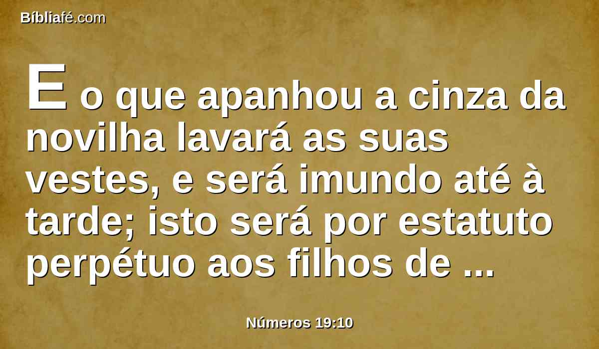 E o que apanhou a cinza da novilha lavará as suas vestes, e será imundo até à tarde; isto será por estatuto perpétuo aos filhos de Israel e ao estrangeiro que peregrina no meio deles.