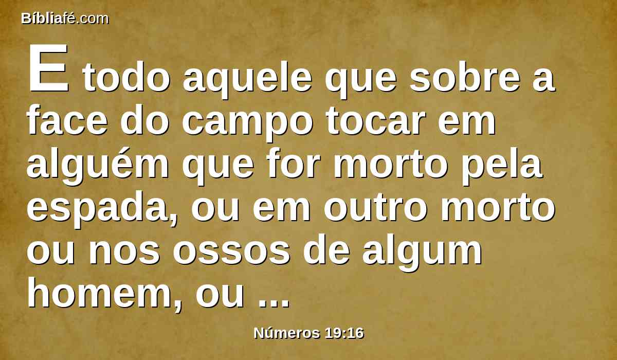 E todo aquele que sobre a face do campo tocar em alguém que for morto pela espada, ou em outro morto ou nos ossos de algum homem, ou numa sepultura, será imundo sete dias.