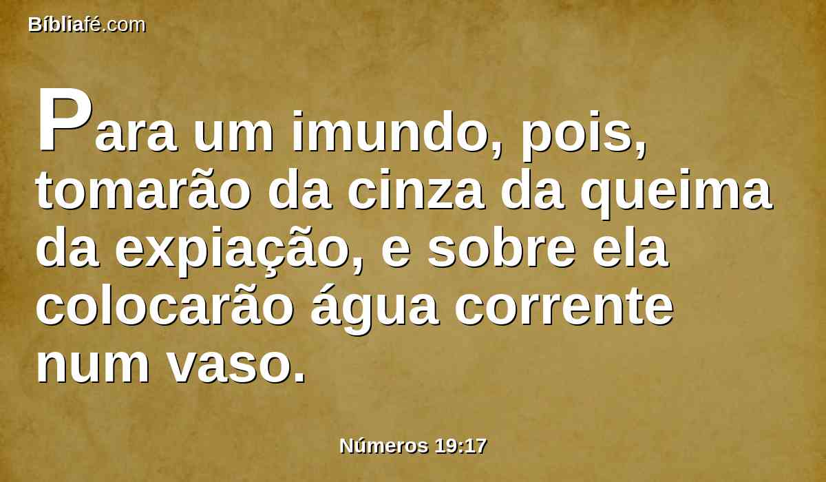 Para um imundo, pois, tomarão da cinza da queima da expiação, e sobre ela colocarão água corrente num vaso.