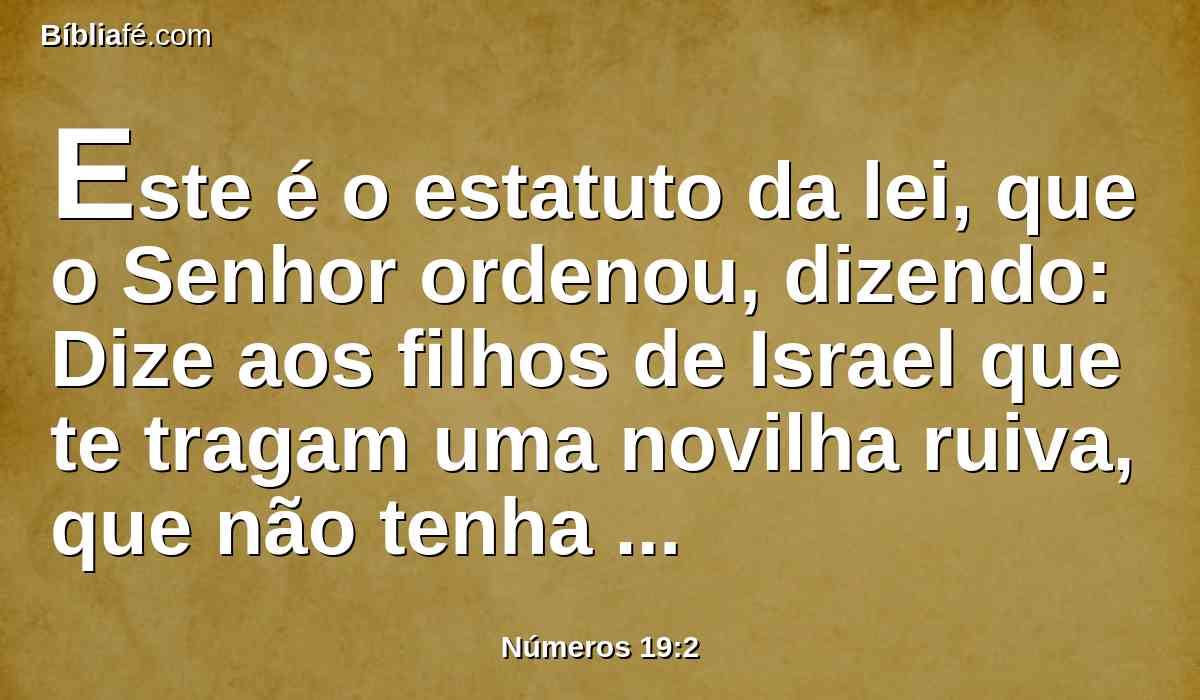 Este é o estatuto da lei, que o Senhor ordenou, dizendo: Dize aos filhos de Israel que te tragam uma novilha ruiva, que não tenha defeito, e sobre a qual não tenha sido posto jugo.