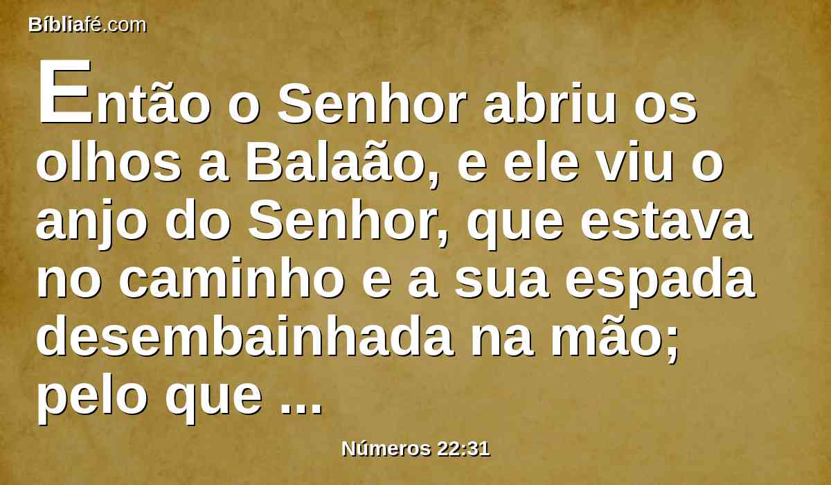 Então o Senhor abriu os olhos a Balaão, e ele viu o anjo do Senhor, que estava no caminho e a sua espada desembainhada na mão; pelo que inclinou a cabeça, e prostrou-se sobre a sua face.