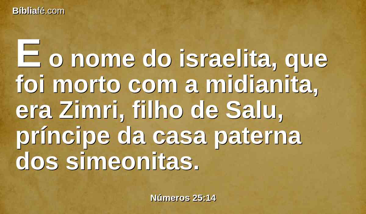 E o nome do israelita, que foi morto com a midianita, era Zimri, filho de Salu, príncipe da casa paterna dos simeonitas.