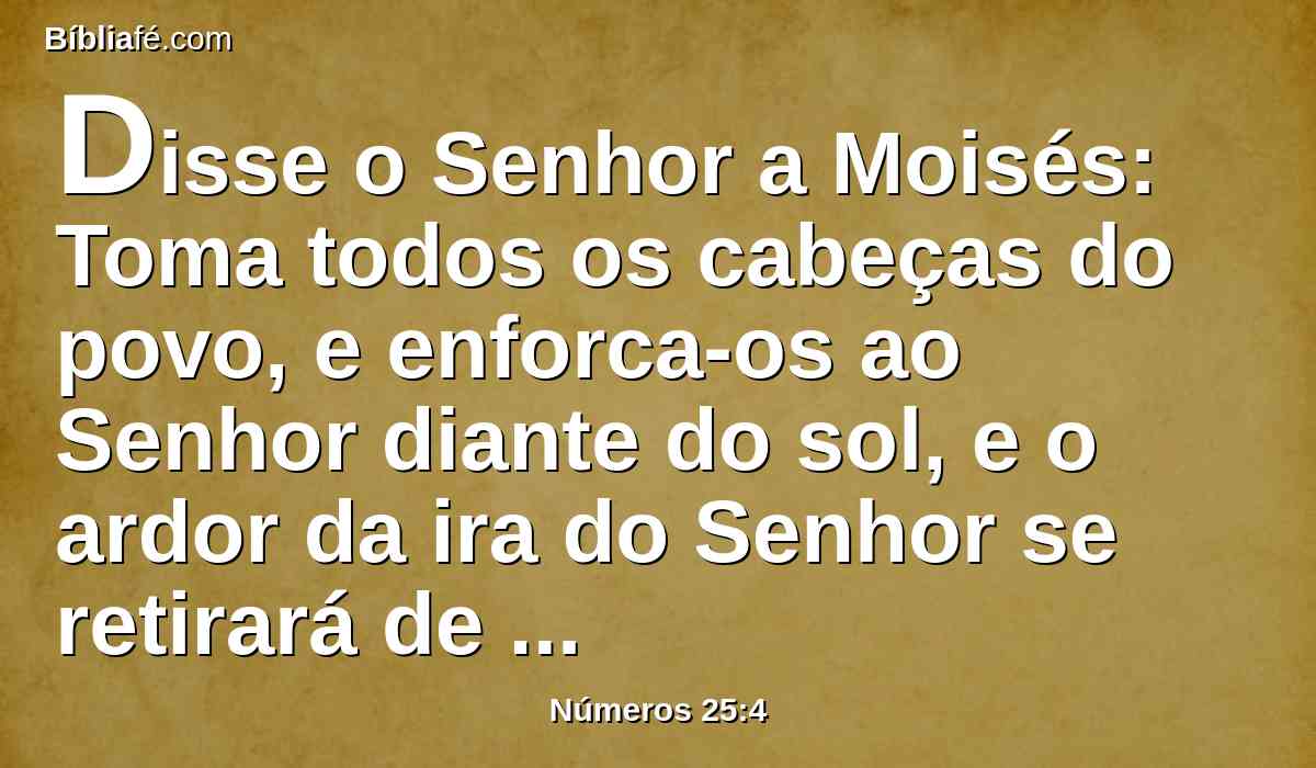 Disse o Senhor a Moisés: Toma todos os cabeças do povo, e enforca-os ao Senhor diante do sol, e o ardor da ira do Senhor se retirará de Israel.