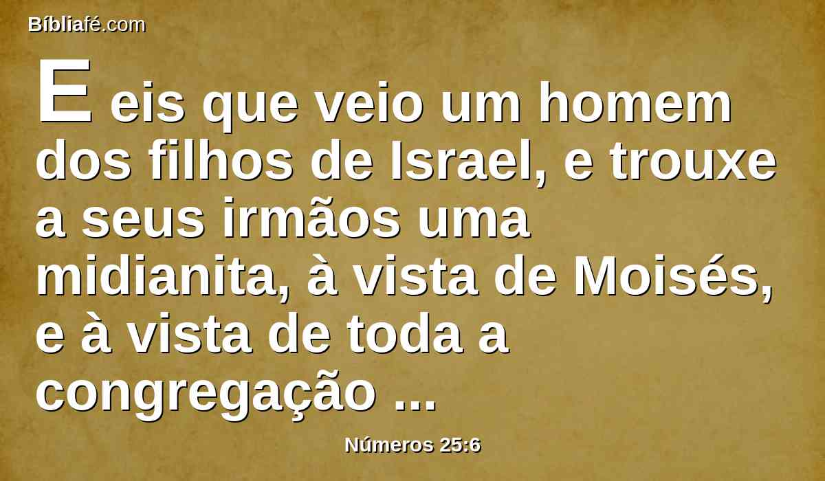 E eis que veio um homem dos filhos de Israel, e trouxe a seus irmãos uma midianita, à vista de Moisés, e à vista de toda a congregação dos filhos de Israel, chorando eles diante da tenda da congregação.